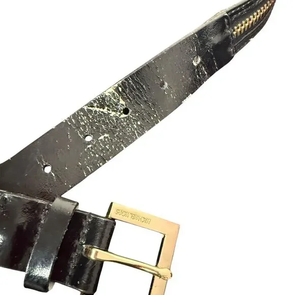 Michael Kors Black Leather Belt Gold Buckle Zipper Detail Women Size L FLAW - Picture 6 of 12